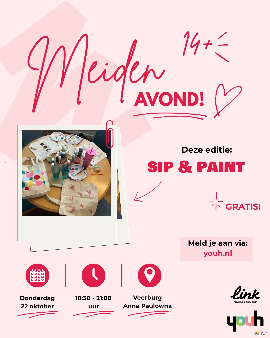 Flyer Meidenavond Anna Paulowna Sip & Paint, donderdag 22 oktober 18:30-21:00 uur, Veerburg Anna Paulowna, 14+, gratis