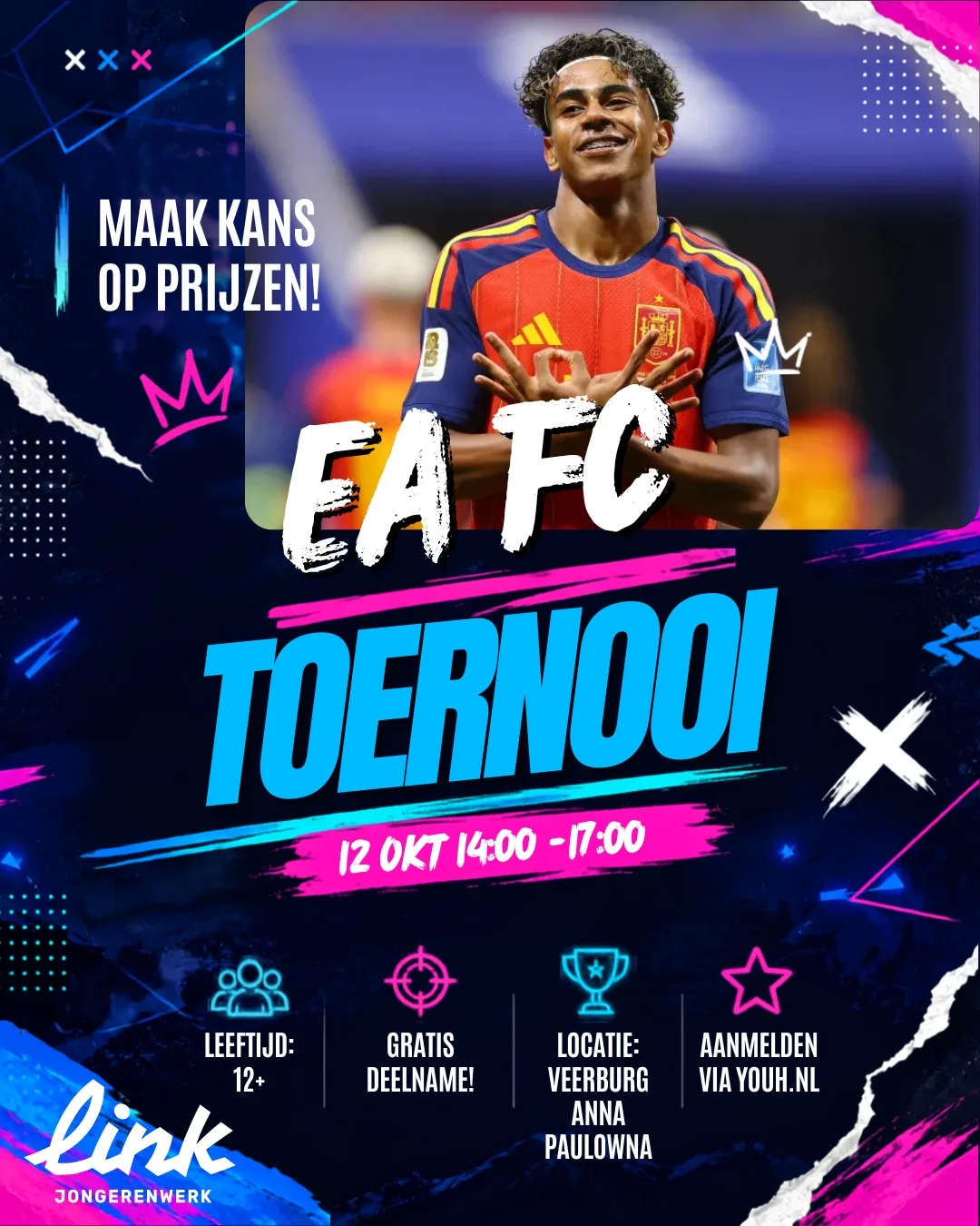 EA FC-toernooiposter: 12 oktober 14:00-17:00, gratis, 12+, Veerburg; datum nog te bevestigen