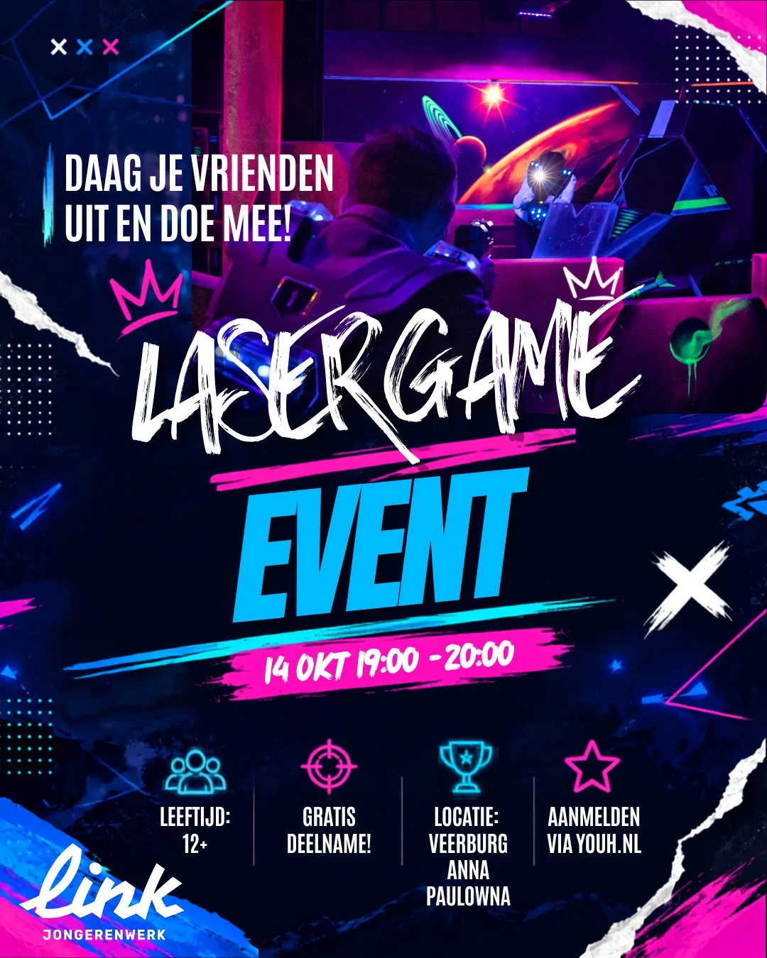 Lasergameposter: 14 oktober 19:00-20:00, gratis, 12+, Veerburg Anna Paulowna