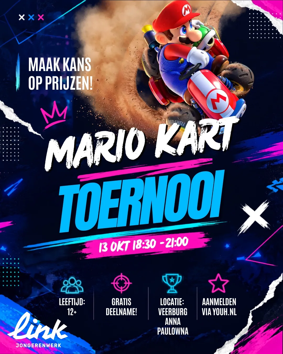 Mario Kart-poster:13oktober18:30-21:00,gratis,12+,VeerburgAnnaPaulowna