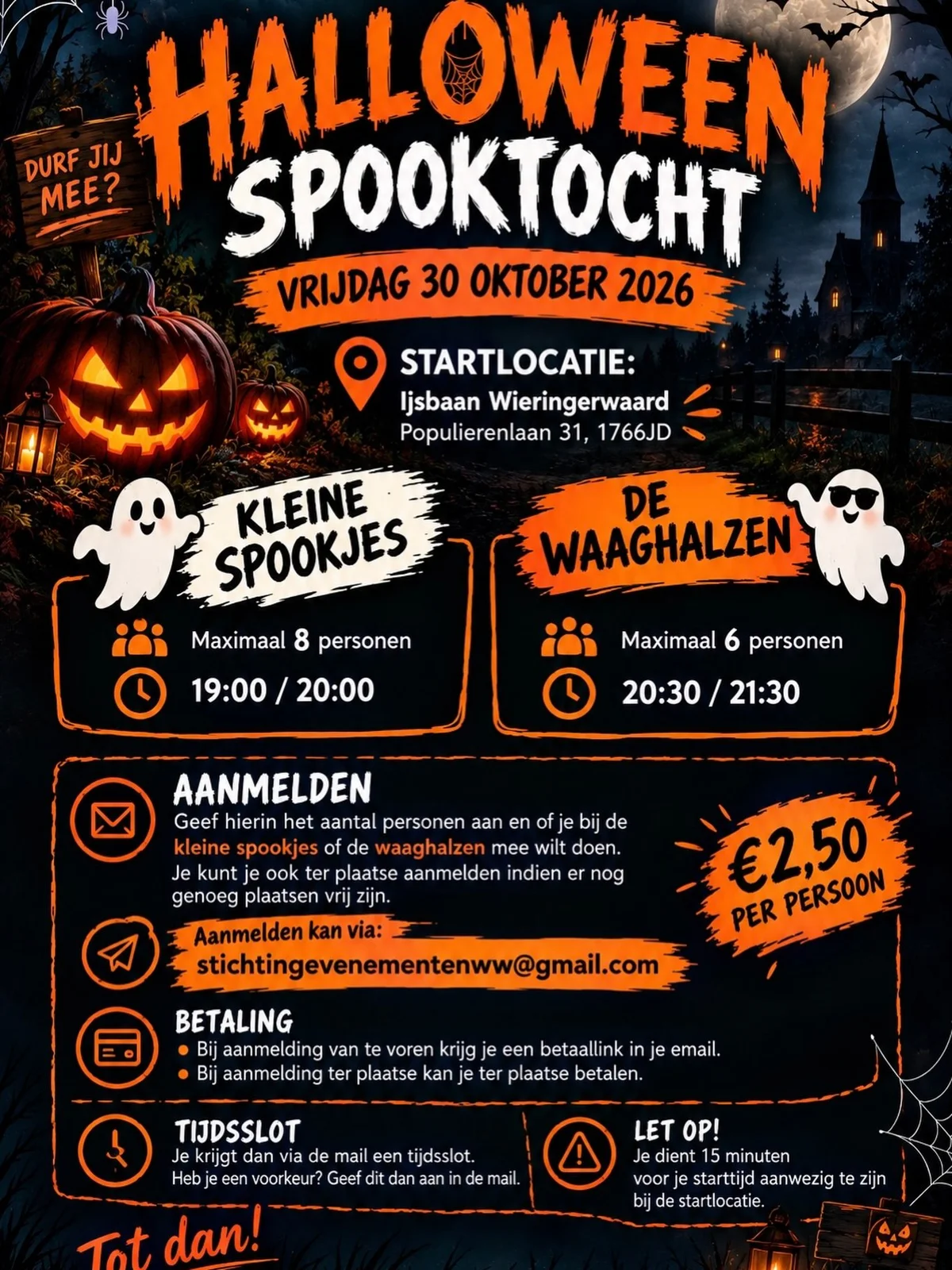Flyer Halloween Spooktocht vrijdag 30 oktober 2026, start IJsbaan Wieringerwaard