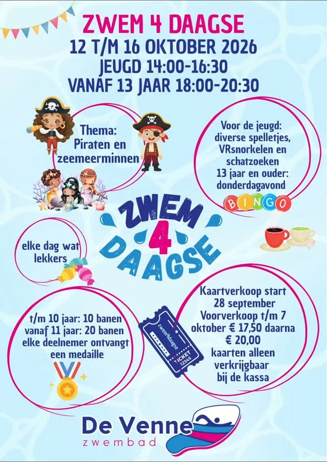 Flyer Zwem4daagse 12 t/m 16 oktober 2026 bij Zwembad De Venne, thema piraten en zeemeerminnen